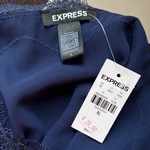 Navy cami style bodysuit with lace trim.